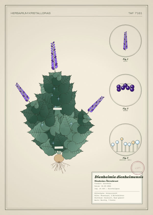 Botanische Tafel: Dienheimia dienheimensis, eine erfundene Pflanze aus Dienheim, gezeichnet wie in einem alten Pflanzenatlas