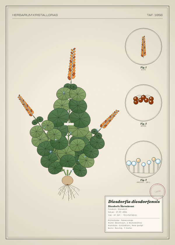 Botanische Tafel: Diesdorfia diesdorfensis, eine erfundene Pflanze aus Diesdorf, gezeichnet wie in einem alten Pflanzenatlas