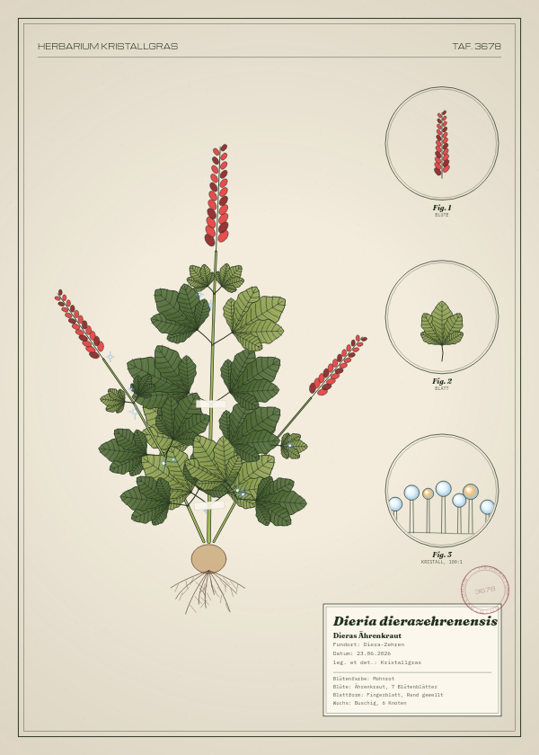 Botanische Tafel: Dieria dierazehrenensis, eine erfundene Pflanze aus Diera-Zehren, gezeichnet wie in einem alten Pflanzenatlas