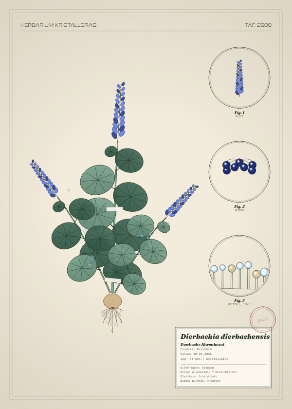 Botanische Tafel: Dierbachia dierbachensis, eine erfundene Pflanze aus Dierbach, gezeichnet wie in einem alten Pflanzenatlas