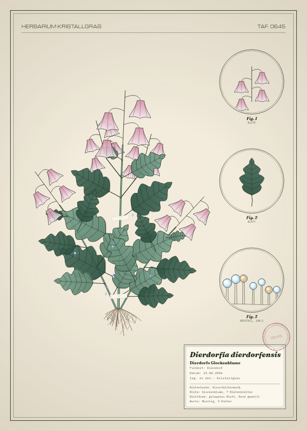 Botanische Tafel: Dierdorfia dierdorfensis, eine erfundene Pflanze aus Dierdorf, gezeichnet wie in einem alten Pflanzenatlas