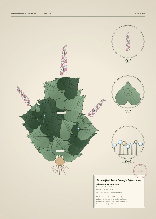 Botanische Tafel: Dierfeldia dierfeldensis, eine erfundene Pflanze aus Dierfeld, gezeichnet wie in einem alten Pflanzenatlas