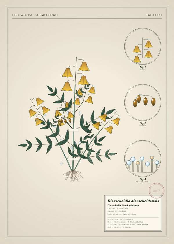 Botanische Tafel: Dierscheidia dierscheidensis, eine erfundene Pflanze aus Dierscheid, gezeichnet wie in einem alten Pflanzenatlas