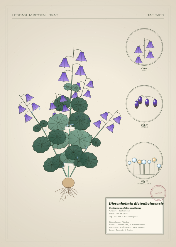 Botanische Tafel: Dietenheimia dietenheimensis, eine erfundene Pflanze aus Dietenheim, gezeichnet wie in einem alten Pflanzenatlas