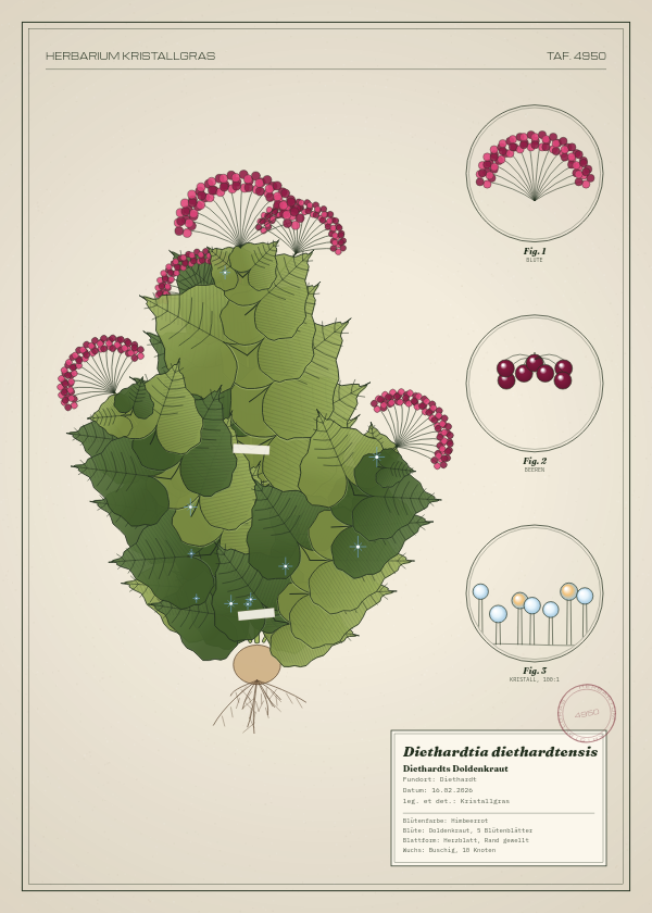 Botanische Tafel: Diethardtia diethardtensis, eine erfundene Pflanze aus Diethardt, gezeichnet wie in einem alten Pflanzenatlas