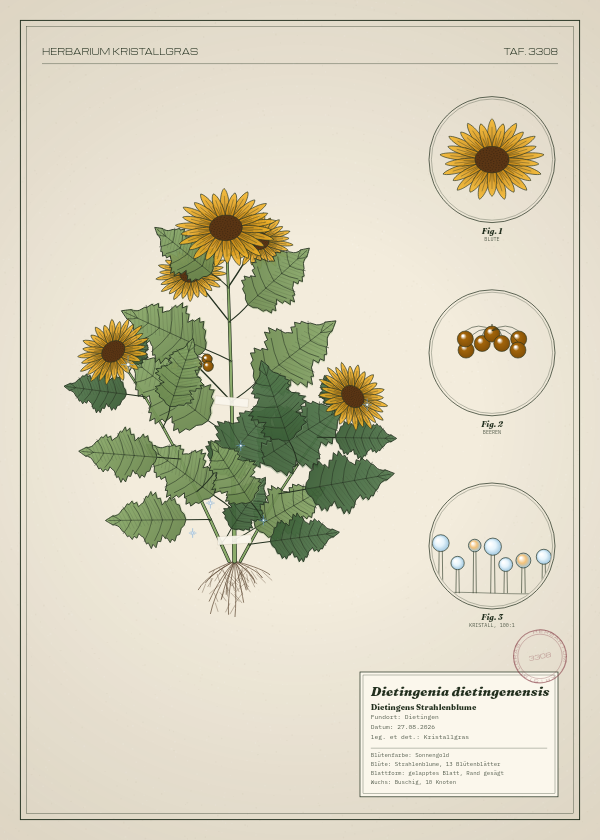 Botanische Tafel: Dietingenia dietingenensis, eine erfundene Pflanze aus Dietingen, gezeichnet wie in einem alten Pflanzenatlas