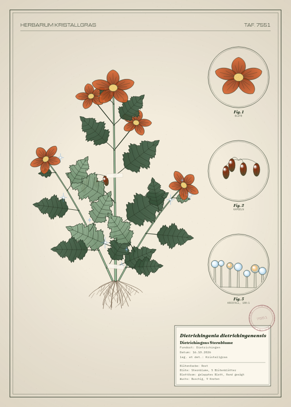 Botanische Tafel: Dietrichingenia dietrichingenensis, eine erfundene Pflanze aus Dietrichingen, gezeichnet wie in einem alten Pflanzenatlas