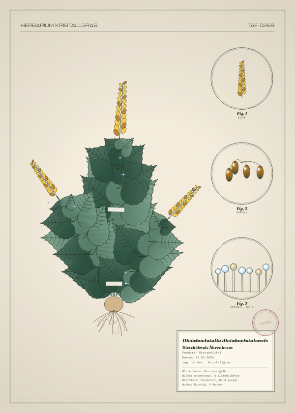 Botanische Tafel: Dietzhoelztalia dietzhoelztalensis, eine erfundene Pflanze aus Dietzhölztal, gezeichnet wie in einem alten Pflanzenatlas