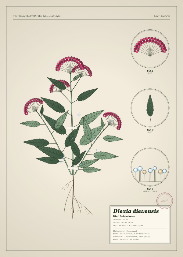 Botanische Tafel: Diezia diezensis, eine erfundene Pflanze aus Diez, gezeichnet wie in einem alten Pflanzenatlas