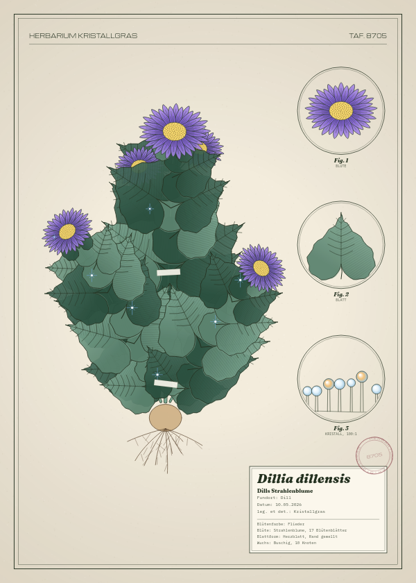 Botanische Tafel: Dillia dillensis, eine erfundene Pflanze aus Dill, gezeichnet wie in einem alten Pflanzenatlas