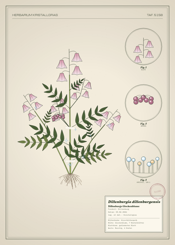 Botanische Tafel: Dillenburgia dillenburgensis, eine erfundene Pflanze aus Dillenburg, gezeichnet wie in einem alten Pflanzenatlas