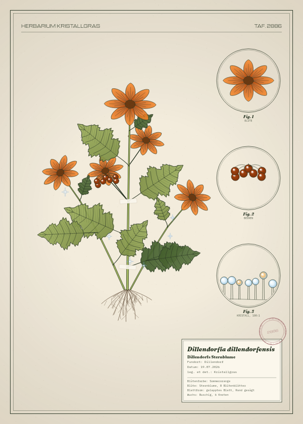 Botanische Tafel: Dillendorfia dillendorfensis, eine erfundene Pflanze aus Dillendorf, gezeichnet wie in einem alten Pflanzenatlas