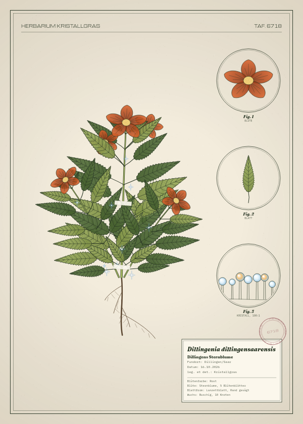 Botanische Tafel: Dillingenia dillingensaarensis, eine erfundene Pflanze aus Dillingen/Saar, gezeichnet wie in einem alten Pflanzenatlas