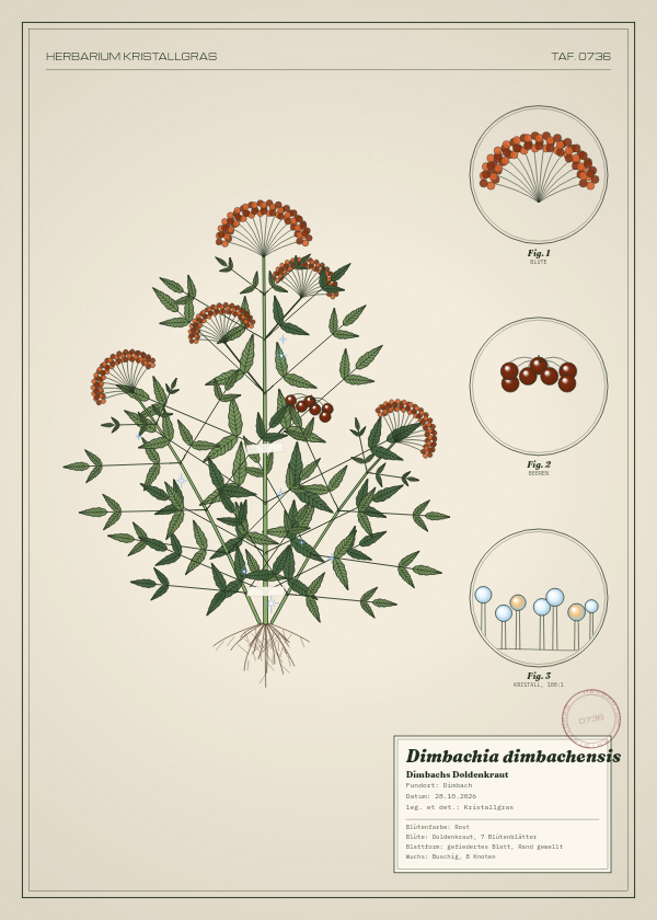 Botanische Tafel: Dimbachia dimbachensis, eine erfundene Pflanze aus Dimbach, gezeichnet wie in einem alten Pflanzenatlas