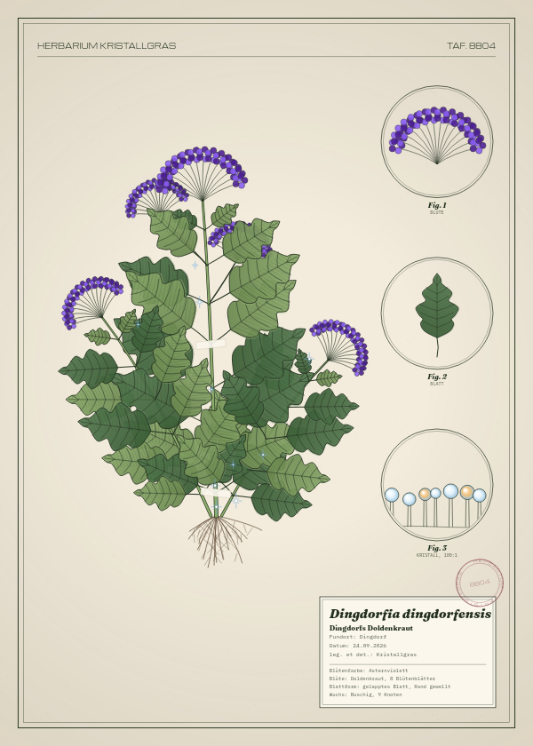 Botanische Tafel: Dingdorfia dingdorfensis, eine erfundene Pflanze aus Dingdorf, gezeichnet wie in einem alten Pflanzenatlas