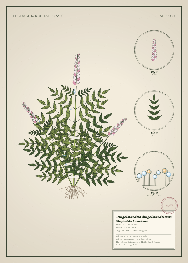 Botanische Tafel: Dingelstaedtia dingelstaedtensis, eine erfundene Pflanze aus Dingelstädt, gezeichnet wie in einem alten Pflanzenatlas