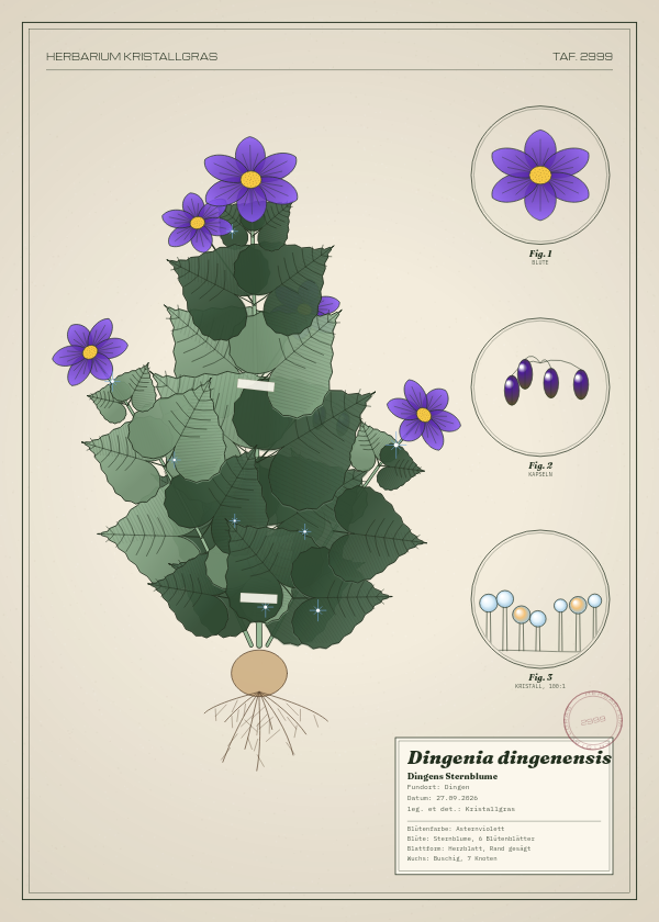 Botanische Tafel: Dingenia dingenensis, eine erfundene Pflanze aus Dingen, gezeichnet wie in einem alten Pflanzenatlas