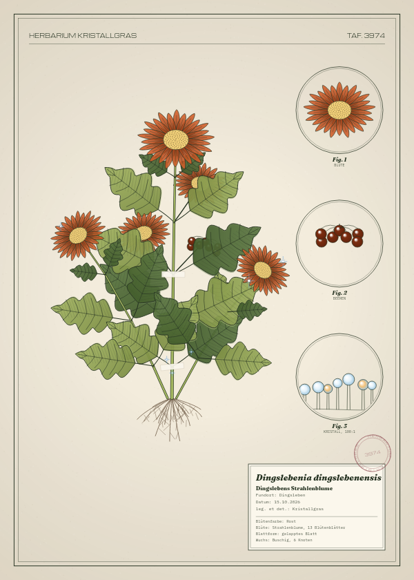 Botanische Tafel: Dingslebenia dingslebenensis, eine erfundene Pflanze aus Dingsleben, gezeichnet wie in einem alten Pflanzenatlas