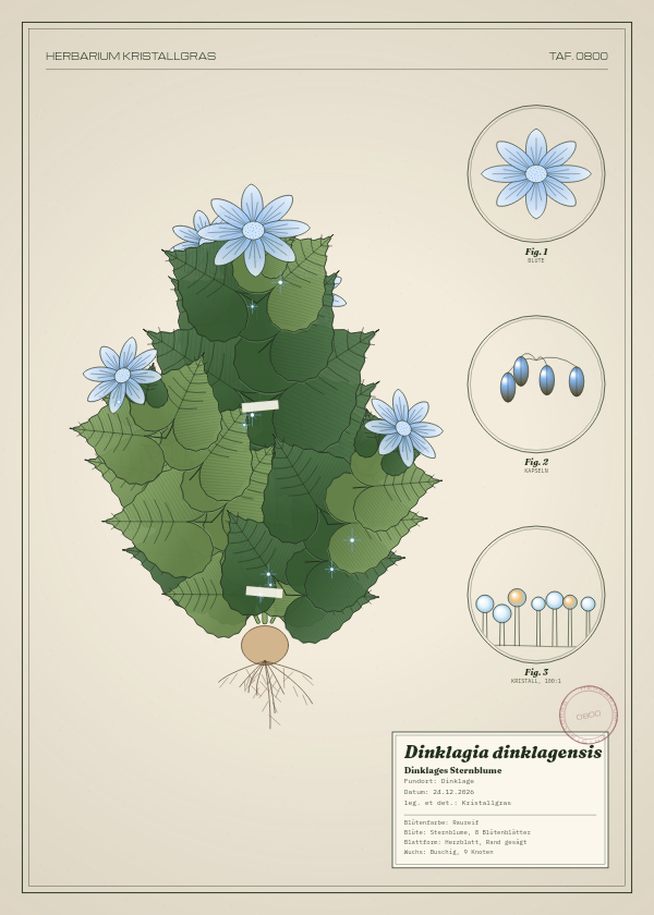 Botanische Tafel: Dinklagia dinklagensis, eine erfundene Pflanze aus Dinklage, gezeichnet wie in einem alten Pflanzenatlas