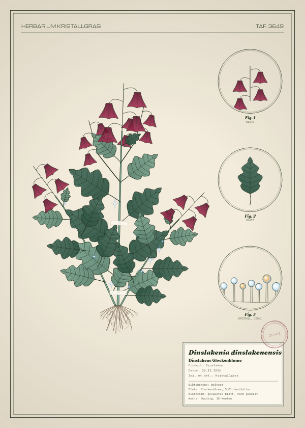 Botanische Tafel: Dinslakenia dinslakenensis, eine erfundene Pflanze aus Dinslaken, gezeichnet wie in einem alten Pflanzenatlas