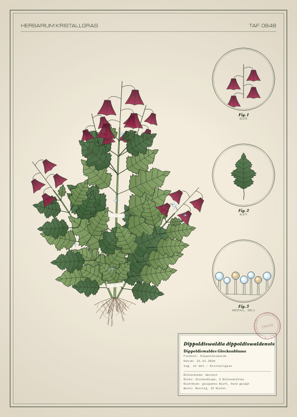 Botanische Tafel: Dippoldiswaldia dippoldiswaldensis, eine erfundene Pflanze aus Dippoldiswalde, gezeichnet wie in einem alten Pflanzenatlas