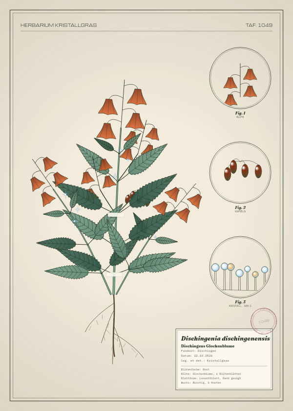 Botanische Tafel: Dischingenia dischingenensis, eine erfundene Pflanze aus Dischingen, gezeichnet wie in einem alten Pflanzenatlas