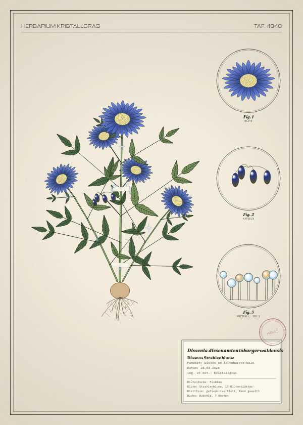 Botanische Tafel: Dissenia dissenamteutoburgerwaldensis, eine erfundene Pflanze aus Dissen am Teutoburger Wald, gezeichnet wie in einem alten Pflanzenatlas