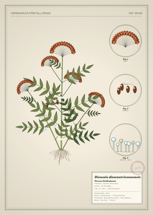 Botanische Tafel: Dissenia dissenstriesowensis, eine erfundene Pflanze aus Dissen-Striesow, gezeichnet wie in einem alten Pflanzenatlas