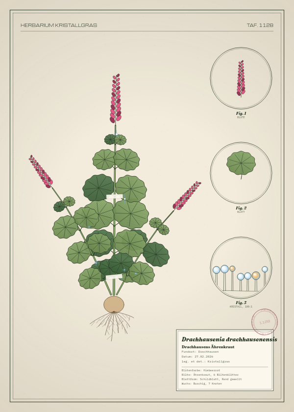 Botanische Tafel: Drachhausenia drachhausenensis, eine erfundene Pflanze aus Drachhausen, gezeichnet wie in einem alten Pflanzenatlas