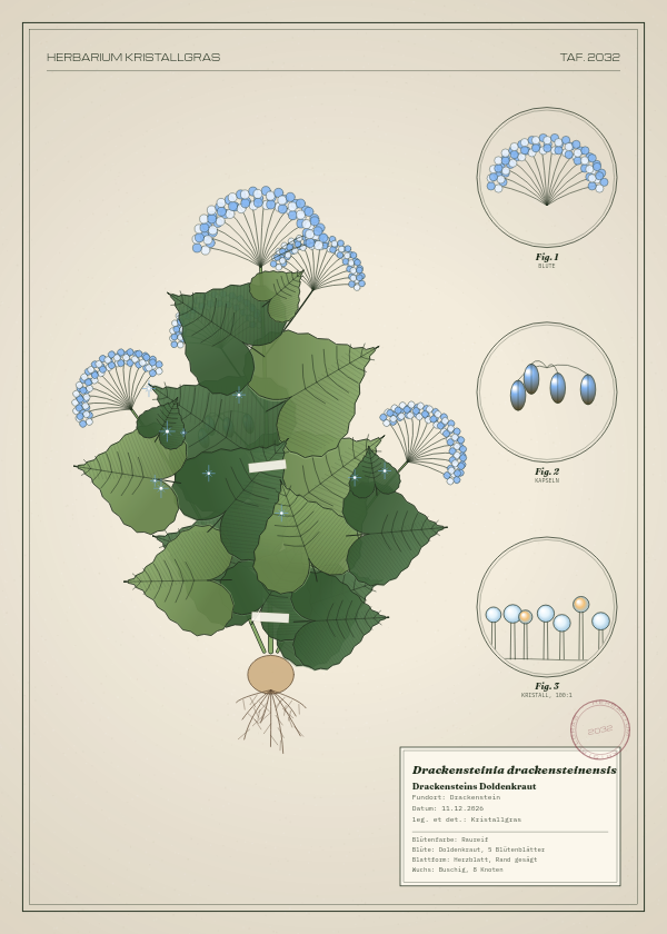 Botanische Tafel: Drackensteinia drackensteinensis, eine erfundene Pflanze aus Drackenstein, gezeichnet wie in einem alten Pflanzenatlas