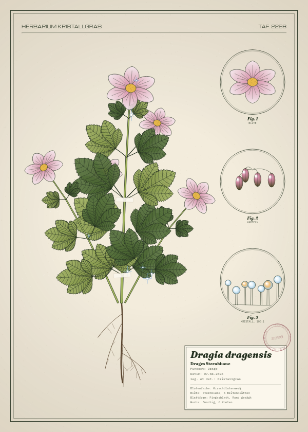 Botanische Tafel: Dragia dragensis, eine erfundene Pflanze aus Drage, gezeichnet wie in einem alten Pflanzenatlas