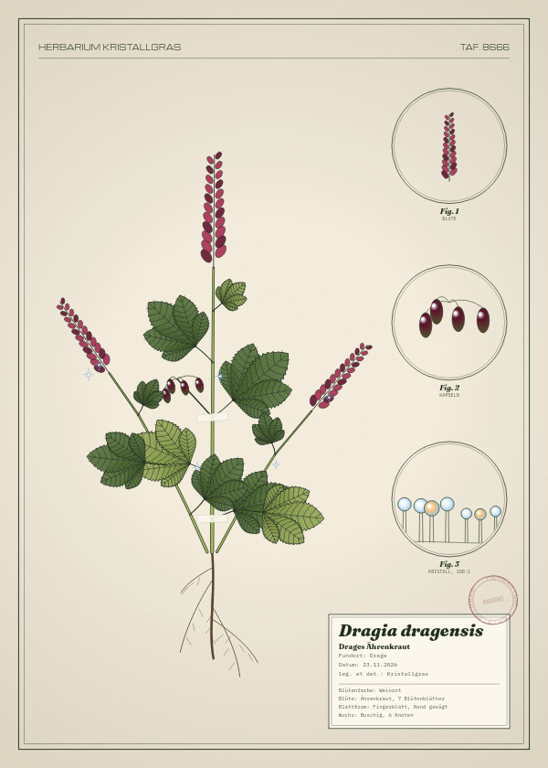 Botanische Tafel: Dragia dragensis, eine erfundene Pflanze aus Drage, gezeichnet wie in einem alten Pflanzenatlas