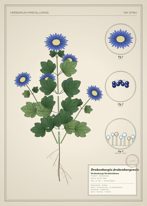 Botanische Tafel: Drakenburgia drakenburgensis, eine erfundene Pflanze aus Drakenburg, gezeichnet wie in einem alten Pflanzenatlas