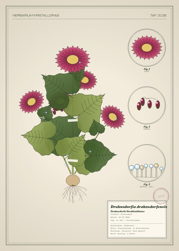 Botanische Tafel: Drahnsdorfia drahnsdorfensis, eine erfundene Pflanze aus Drahnsdorf, gezeichnet wie in einem alten Pflanzenatlas