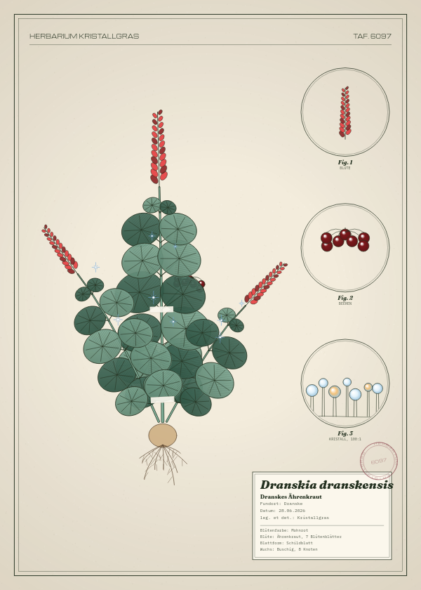 Botanische Tafel: Dranskia dranskensis, eine erfundene Pflanze aus Dranske, gezeichnet wie in einem alten Pflanzenatlas