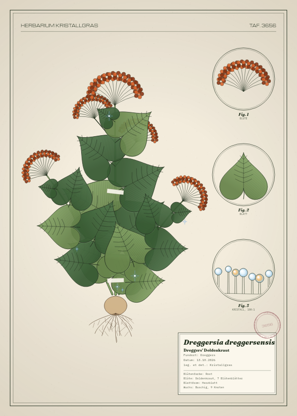 Botanische Tafel: Dreggersia dreggersensis, eine erfundene Pflanze aus Dreggers, gezeichnet wie in einem alten Pflanzenatlas