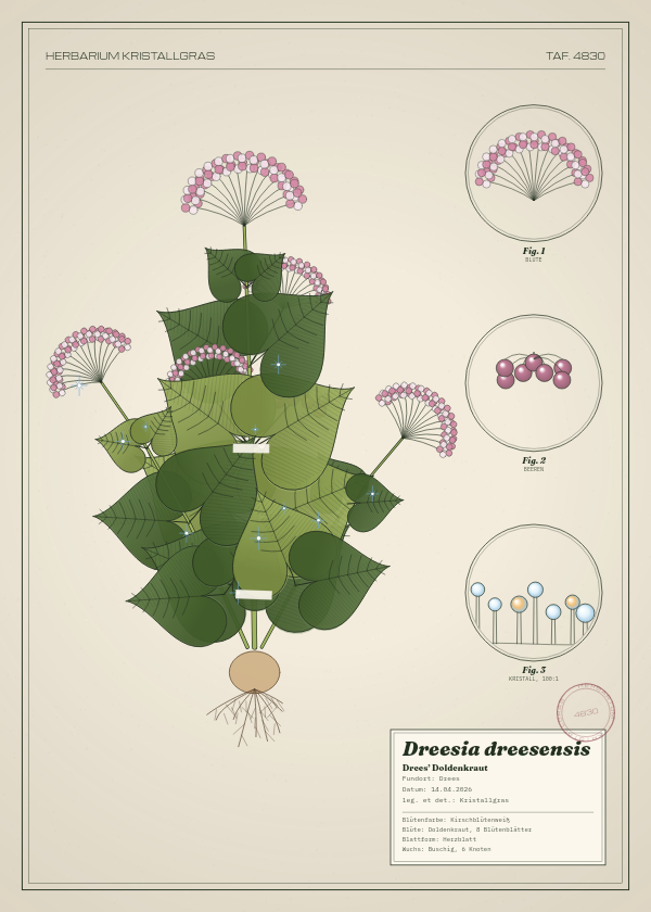 Botanische Tafel: Dreesia dreesensis, eine erfundene Pflanze aus Drees, gezeichnet wie in einem alten Pflanzenatlas
