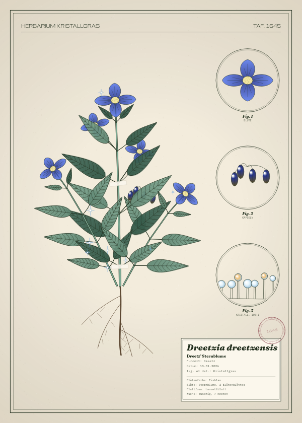 Botanische Tafel: Dreetzia dreetzensis, eine erfundene Pflanze aus Dreetz, gezeichnet wie in einem alten Pflanzenatlas
