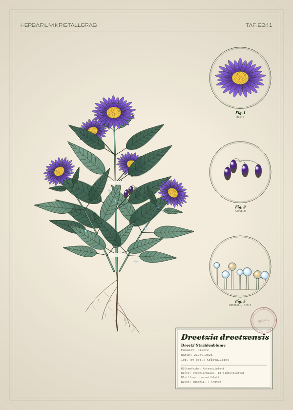 Botanische Tafel: Dreetzia dreetzensis, eine erfundene Pflanze aus Dreetz, gezeichnet wie in einem alten Pflanzenatlas