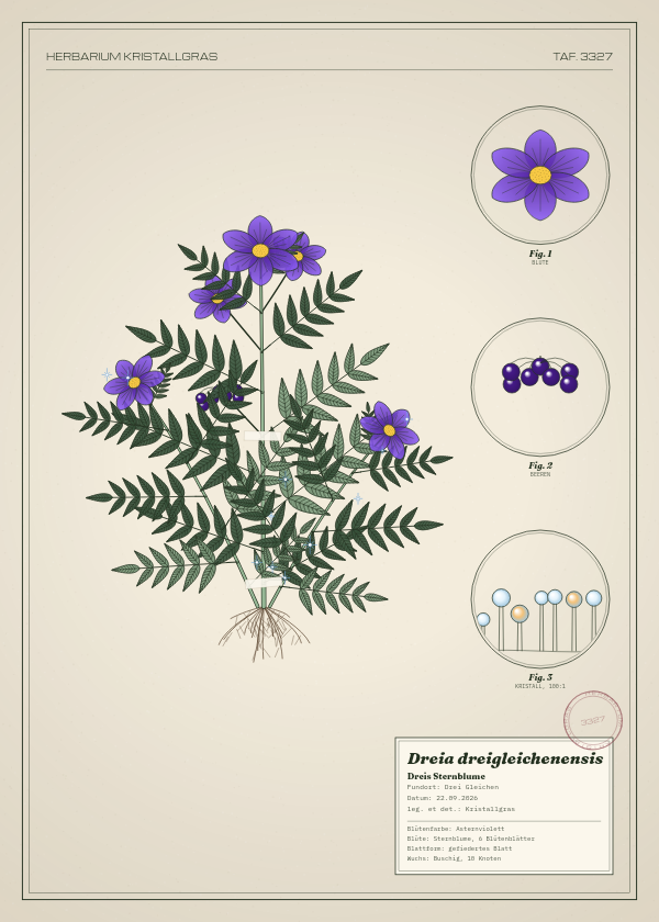 Botanische Tafel: Dreia dreigleichenensis, eine erfundene Pflanze aus Drei Gleichen, gezeichnet wie in einem alten Pflanzenatlas