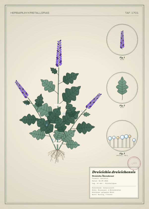 Botanische Tafel: Dreieichia dreieichensis, eine erfundene Pflanze aus Dreieich, gezeichnet wie in einem alten Pflanzenatlas