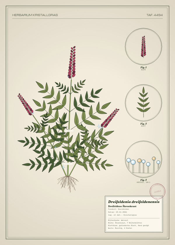 Botanische Tafel: Dreifeldenia dreifeldenensis, eine erfundene Pflanze aus Dreifelden, gezeichnet wie in einem alten Pflanzenatlas