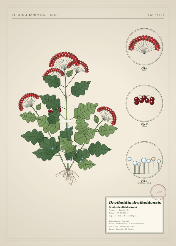 Botanische Tafel: Dreiheidia dreiheidensis, eine erfundene Pflanze aus Dreiheide, gezeichnet wie in einem alten Pflanzenatlas