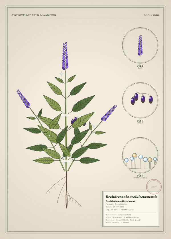 Botanische Tafel: Dreikirchenia dreikirchenensis, eine erfundene Pflanze aus Dreikirchen, gezeichnet wie in einem alten Pflanzenatlas