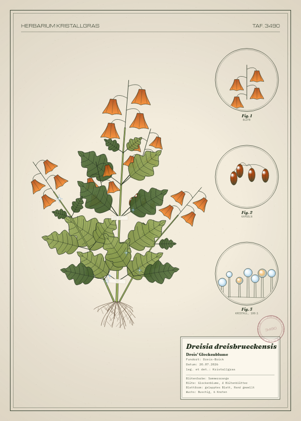 Botanische Tafel: Dreisia dreisbrueckensis, eine erfundene Pflanze aus Dreis-Brück, gezeichnet wie in einem alten Pflanzenatlas