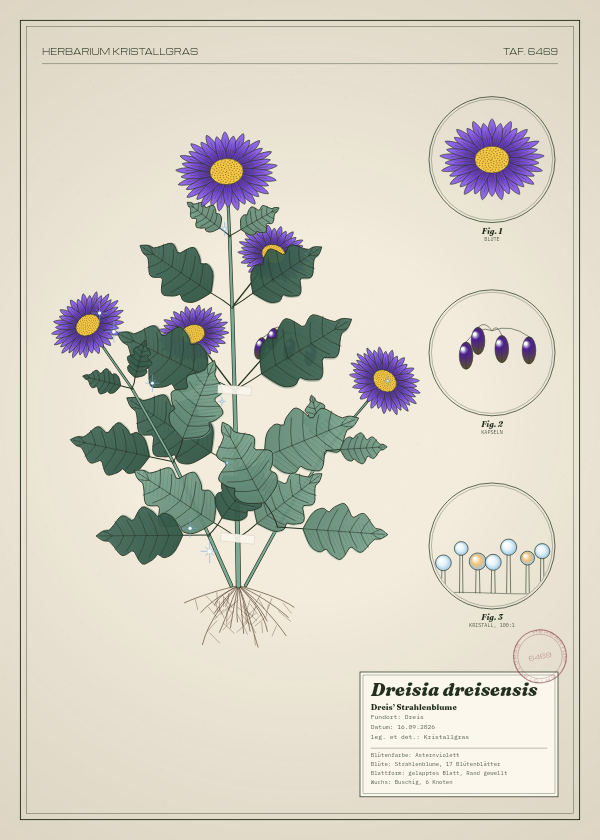 Botanische Tafel: Dreisia dreisensis, eine erfundene Pflanze aus Dreis, gezeichnet wie in einem alten Pflanzenatlas