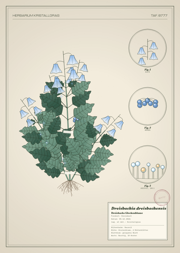 Botanische Tafel: Dreisbachia dreisbachensis, eine erfundene Pflanze aus Dreisbach, gezeichnet wie in einem alten Pflanzenatlas