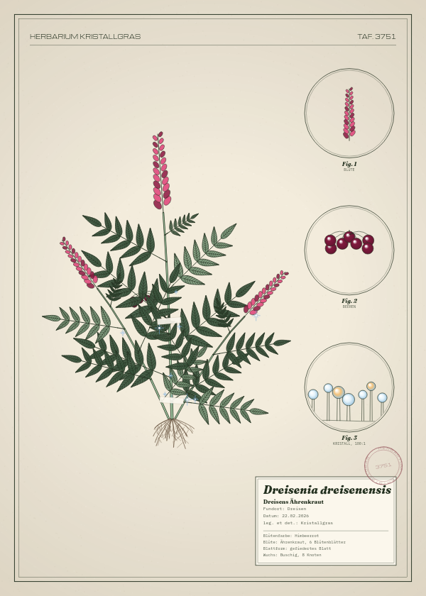 Botanische Tafel: Dreisenia dreisenensis, eine erfundene Pflanze aus Dreisen, gezeichnet wie in einem alten Pflanzenatlas