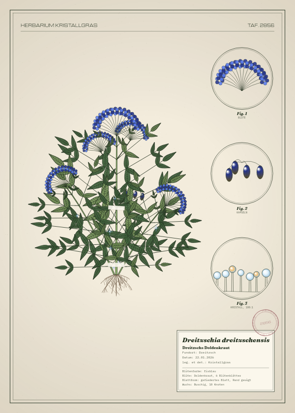 Botanische Tafel: Dreitzschia dreitzschensis, eine erfundene Pflanze aus Dreitzsch, gezeichnet wie in einem alten Pflanzenatlas