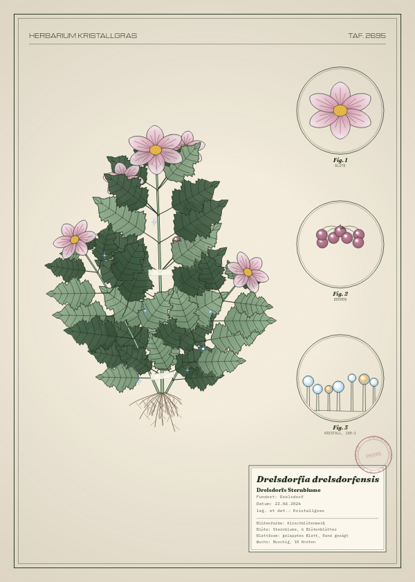 Botanische Tafel: Drelsdorfia drelsdorfensis, eine erfundene Pflanze aus Drelsdorf, gezeichnet wie in einem alten Pflanzenatlas